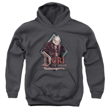 Charcoal youth hoodie for ages 8 to 12 with The Hobbit Dori graphic