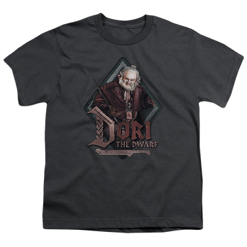 Charcoal youth t-shirt for ages 8 to 12 with The Hobbit Dori graphic