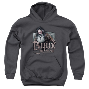 Charcoal youth hoodie for ages 8 to 12 with The Hobbit Bifur graphic
