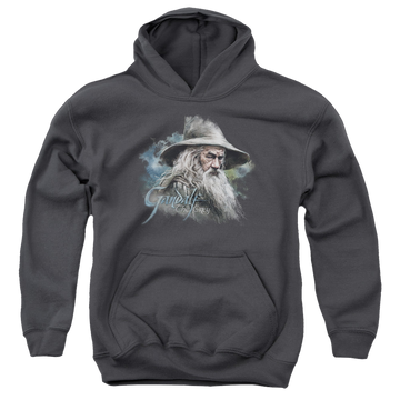 Charcoal youth hoodie for ages 8 to 12 with The Hobbit Gandalf The Grey graphic