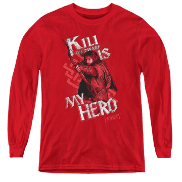 Red youth long sleeve t-shirt with The Hobbit Kili Is My Hero graphic