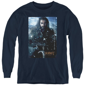 Navy youth long sleeve t-shirt with The Hobbit Thorin Poster graphic