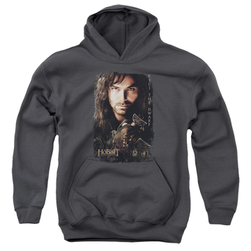 Charcoal youth hoodie for ages 8 to 12 with The Hobbit Kili Poster graphic