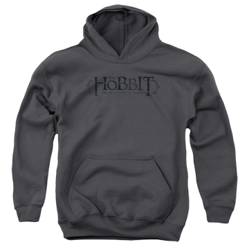 Charcoal youth hoodie for ages 8 to 12 with The Hobbit Ornate Logo graphic