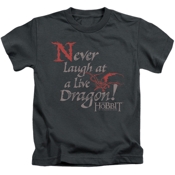 Charcoal kid's t-shirt for ages 4 to 7 with The Hobbit Never Laugh graphic
