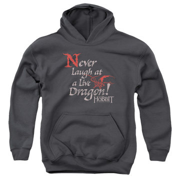 Charcoal youth hoodie for ages 8 to 12 with The Hobbit Never Laugh graphic