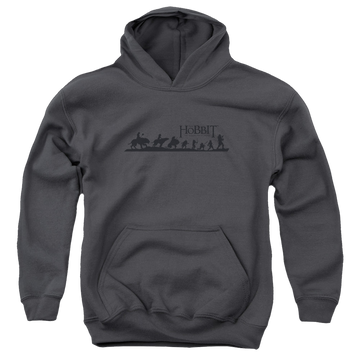 Charcoal youth hoodie for ages 8 to 12 with The Hobbit Marching graphic