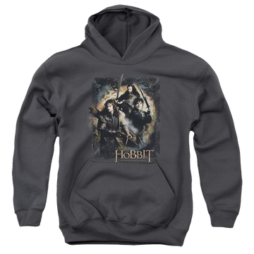 Charcoal youth hoodie for ages 8 to 12 with The Hobbit Weapons Drawn graphic