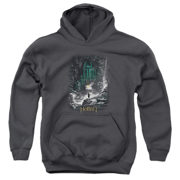 Charcoal youth hoodie for ages 8 to 12 with The Hobbit Second Thoughts graphic