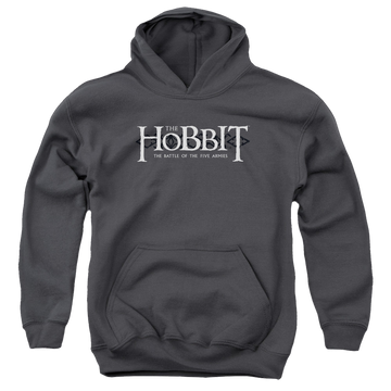 Charcoal youth hoodie for ages 8 to 12 with The Hobbit Ornate Logo graphic