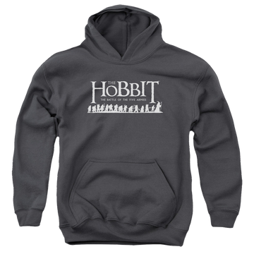 Charcoal youth hoodie for ages 8 to 12 with The Hobbit Walking Logo graphic