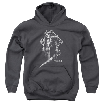 Charcoal youth hoodie for ages 8 to 12 with The Hobbit King Thorin graphic