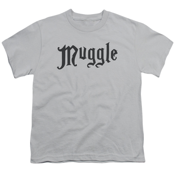 Silver youth t-shirt for ages 8 to 12 with Harry Potter Muggle graphic