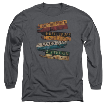 Charcoal men's long sleeve t-shirt with Harry Potter Burnt Banners graphic