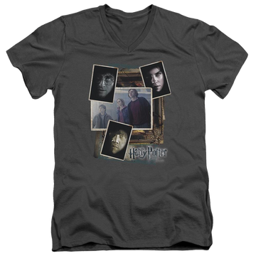 Charcoal men's v-neck t-shirt with Harry Potter Trio Collage graphic