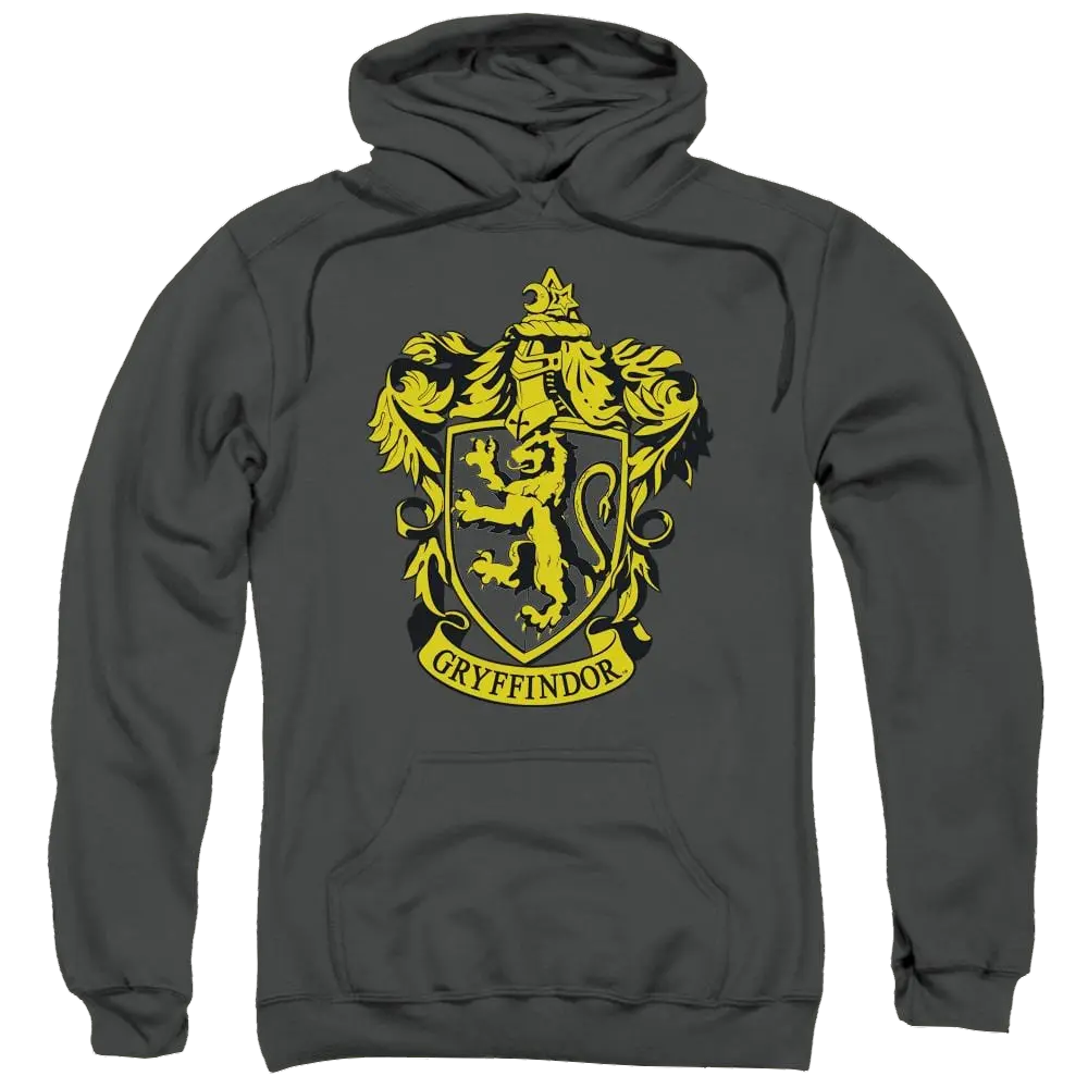 Charcoal pullover hoodie with yellow Gryffindor crest and kangaroo pocket.