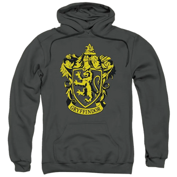 Charcoal pullover hoodie with yellow Gryffindor crest and kangaroo pocket.