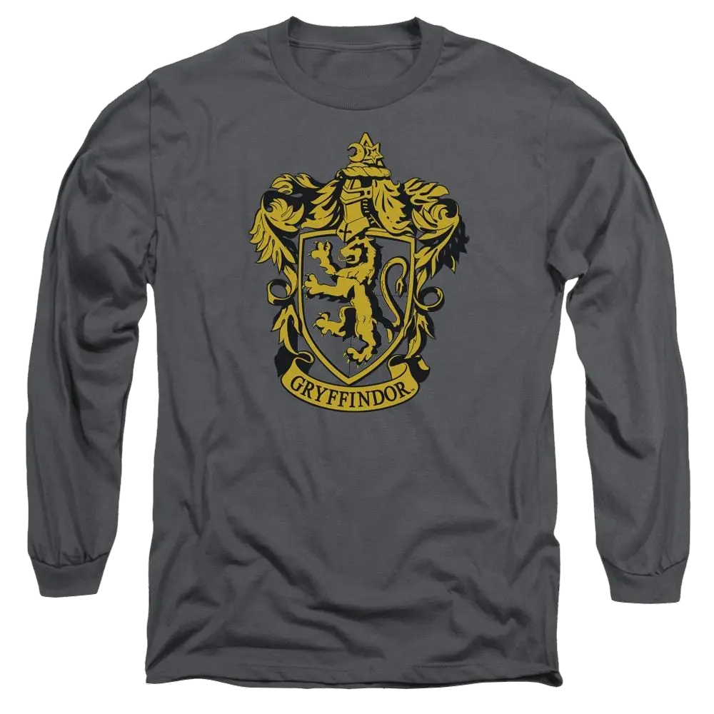 Charcoal men's long sleeve t-shirt with yellow and black Gryffindor crest on front.