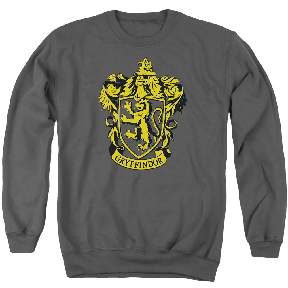 Charcoal crewneck sweatshirt with large yellow Gryffindor crest from Harry Potter on front.