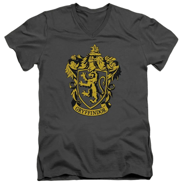 Charcoal men's V-neck T-shirt featuring a gold Gryffindor crest from Harry Potter.