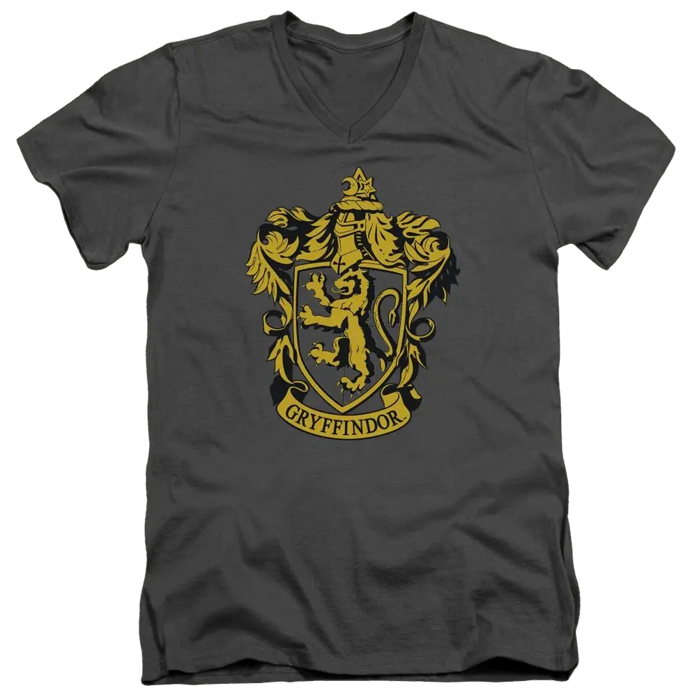 Charcoal men's V-neck T-shirt featuring a gold Gryffindor crest from Harry Potter.