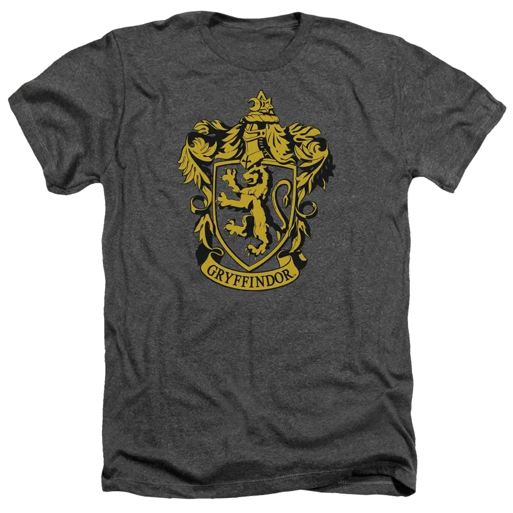 Charcoal heather men's t-shirt with gold Harry Potter Gryffindor crest centered on front.