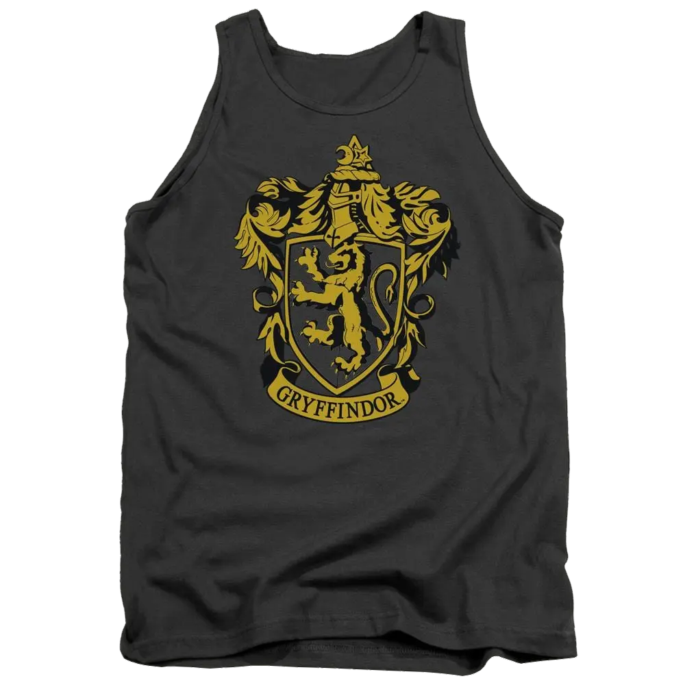 Charcoal men's tank top with large gold Gryffindor crest featuring a lion and decorative flourishes.