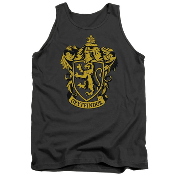 Charcoal men's tank top with large gold Gryffindor crest featuring a lion and decorative flourishes.