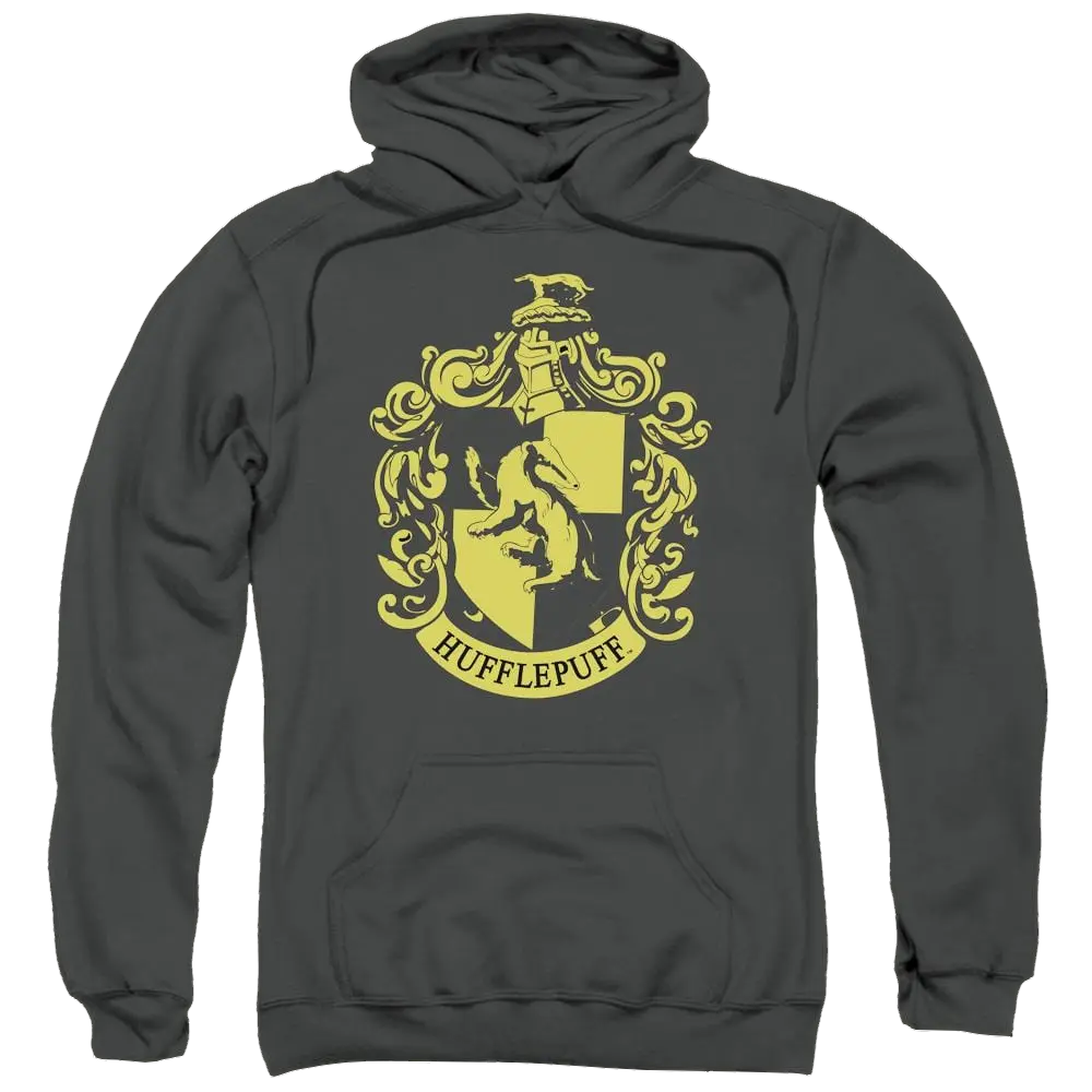Charcoal hoodie with yellow Hufflepuff crest and kangaroo pocket, drawstring hood.