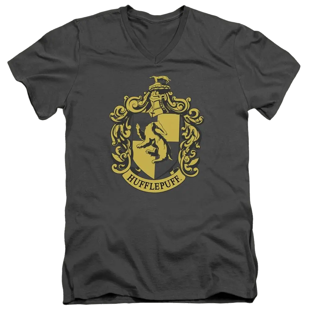Charcoal men's V-neck T-shirt with yellow Harry Potter Hufflepuff crest design on front.