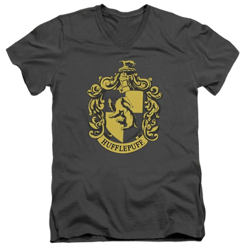 Charcoal men's V-neck T-shirt with yellow Harry Potter Hufflepuff crest design on front.