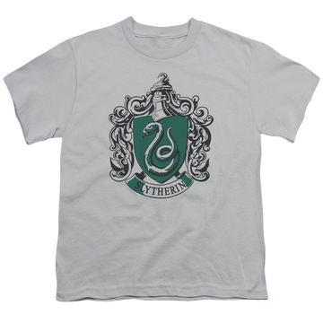 Silver youth t-shirt for ages 8 to 12 with Harry Potter Slytherin Crest graphic