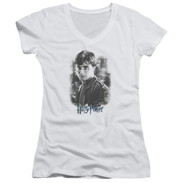 White juniors v-neck t-shirt with Harry Potter Harry In The Woods graphic