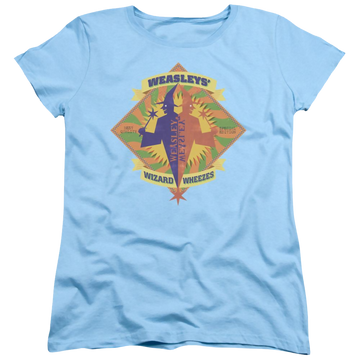 Light blue women's t-shirt with Harry Potter Wizard Wheezes graphic