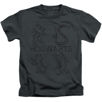 Charcoal kid's t-shirt for ages 4 to 7 with Harry Potter Literary Crests graphic