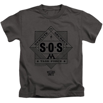 Charcoal kid's t-shirt for ages 4 to 7 with Harry Potter Sos Task Force graphic