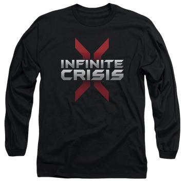 Black men's long sleeve t-shirt with Infinite Crisis Logo graphic