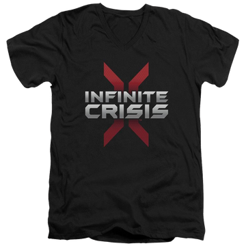Black men's v-neck t-shirt with Infinite Crisis Logo graphic