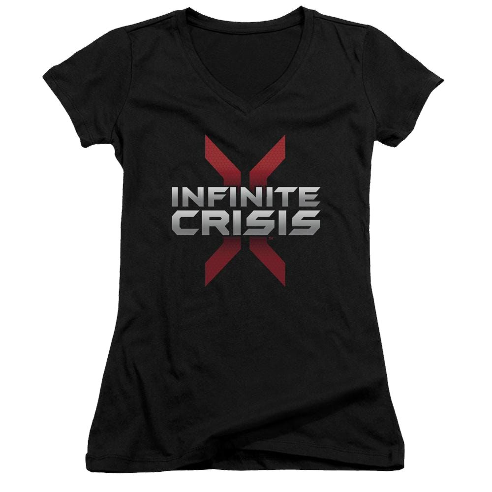 Infinite Crisis Logo Juniors V-Neck T-Shirt Juniors V-Neck T-Shirt Infinite Crisis