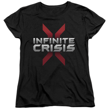 Black women's t-shirt with Infinite Crisis Logo graphic