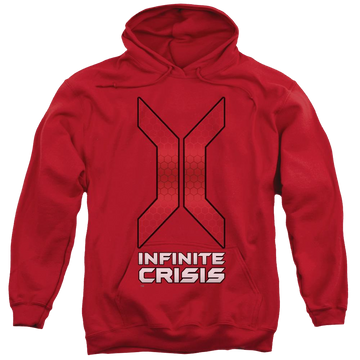Red pullover hoodie with Infinite Crisis Title graphic