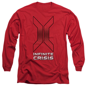 Red men's long sleeve t-shirt with Infinite Crisis Title graphic