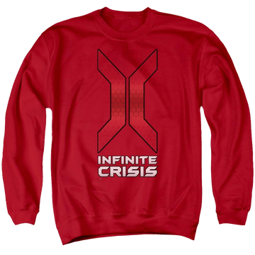 Red men's crewneck sweatshirt with Infinite Crisis Title graphic