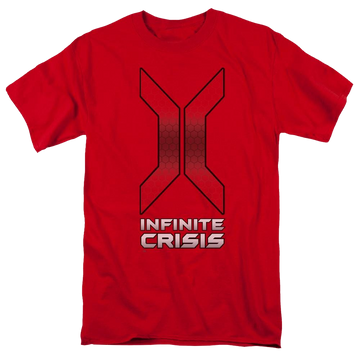Red men's regular fit t-shirt with Infinite Crisis Title graphic