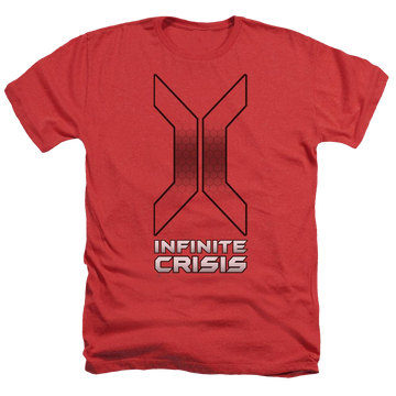 Red men's heather t-shirt with Infinite Crisis Title graphic