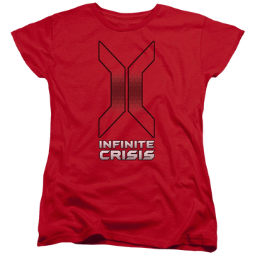 Red women's t-shirt with Infinite Crisis Title graphic