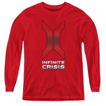 Red youth long sleeve t-shirt with Infinite Crisis Title graphic