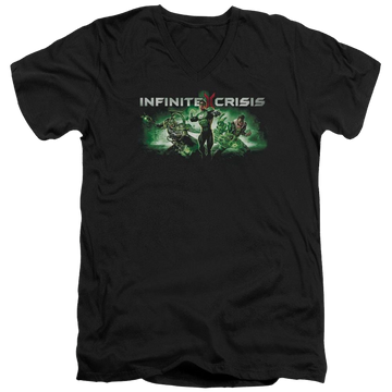 Black men's v-neck t-shirt with Infinite Crisis Ic Green graphic