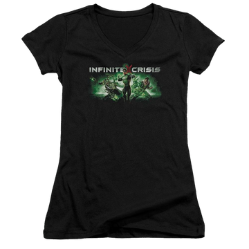 Black juniors v-neck t-shirt with Infinite Crisis Ic Green graphic