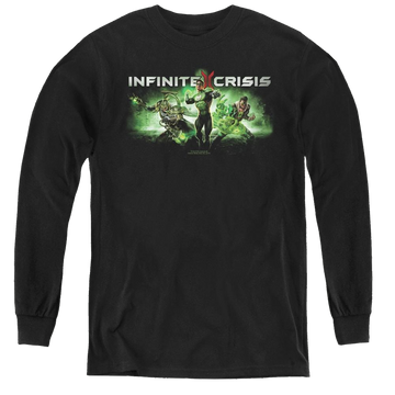 Black youth long sleeve t-shirt with Infinite Crisis Ic Green graphic